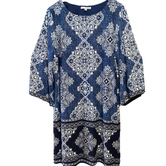 Studio One New York Women's Blue Patterned Dress 3/4 Length Bell Sleeves Size XL - Picture 1 of 7